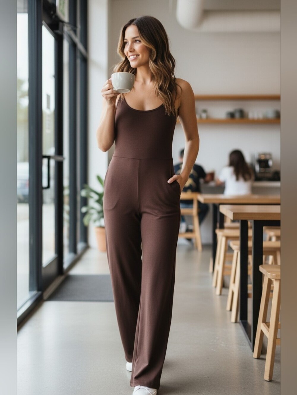 Sleeveless Brown Scoop-Neck Wide-Leg Jumpsuit with Pockets